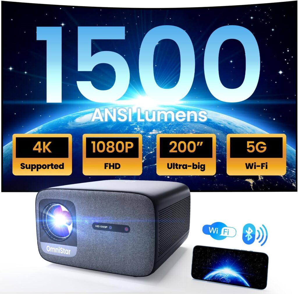 OmniStar L80 Projector with WiFi and Bluetooth, 1500 ANSI Lumen Native 1080P Video Projector 4K Support