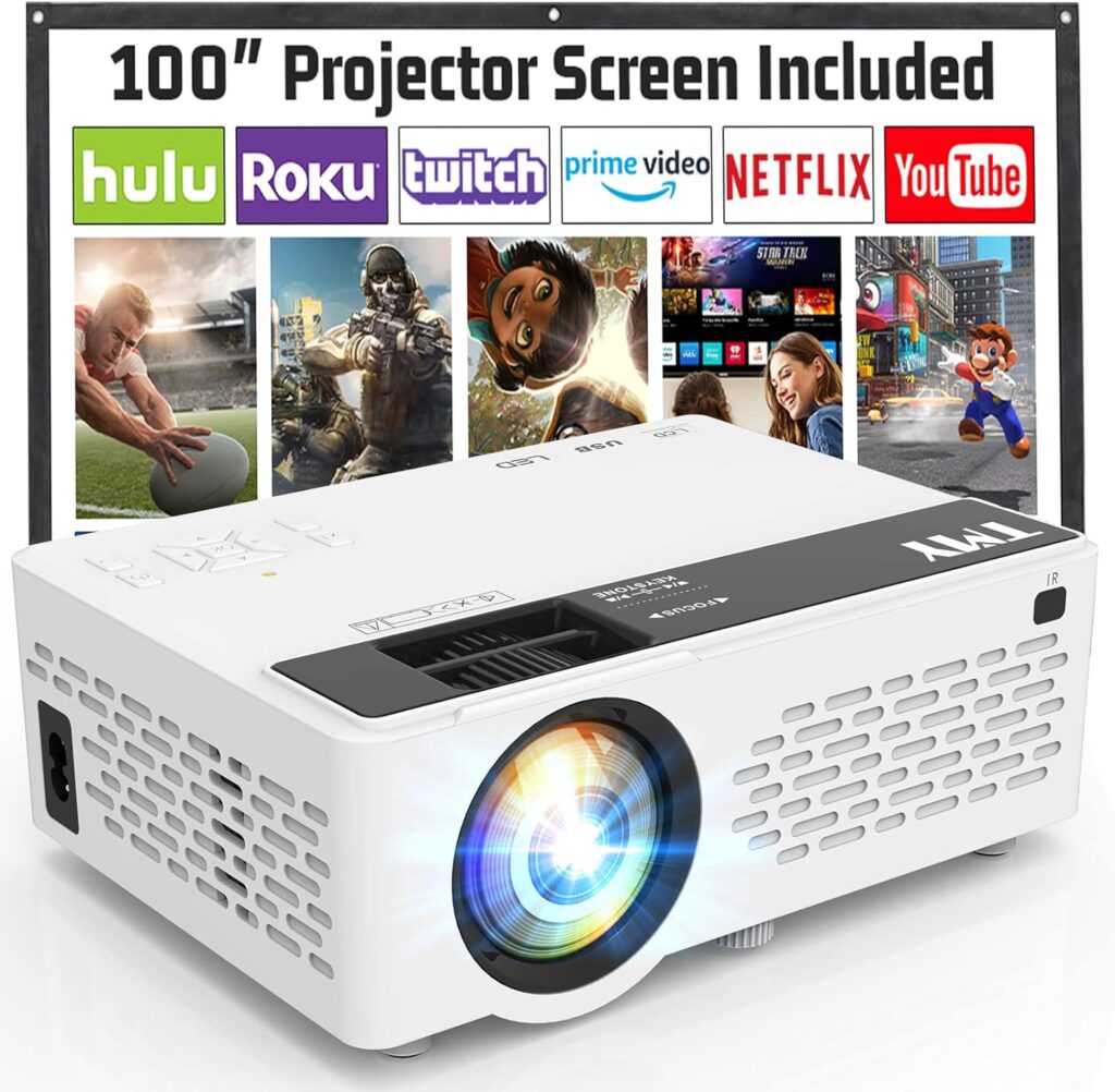 TMY Mini Projector, Upgraded 9500 Lumens Bluetooth Projector with 100 Screen, 1080P Full HD Portable Projector, Movie Projector Compatible with TV Stick