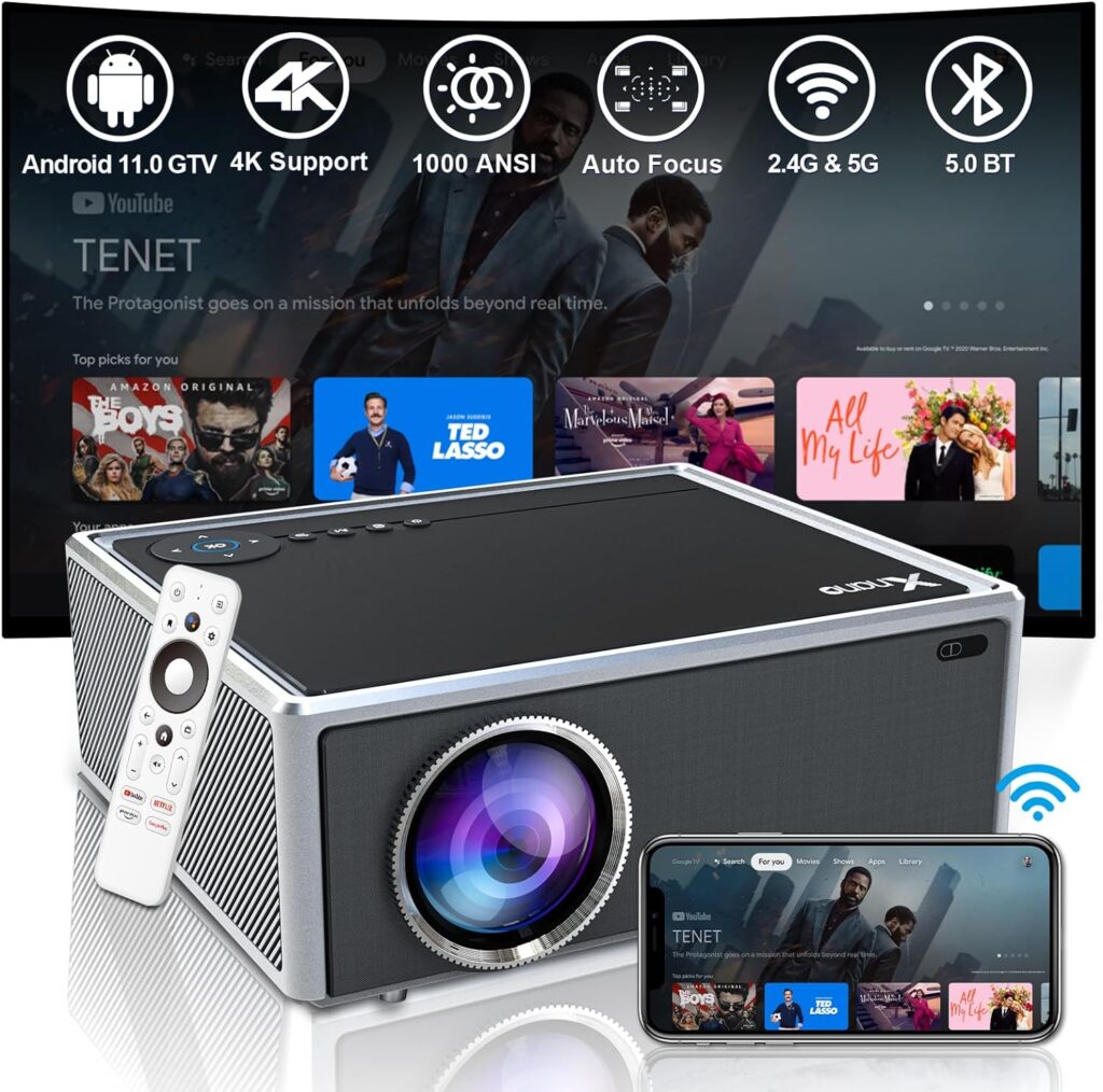 xnano 5G WiFi Bluetooth Movie Projector 1000 ANSI, Native 1080P 4K Support