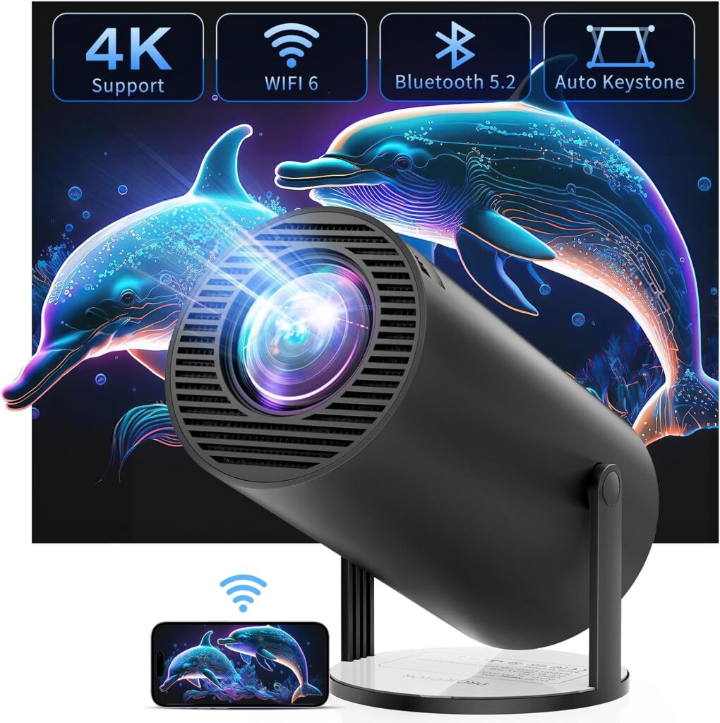 CLOKOWE 4K Mini Projector with WiFi and Bluetooth, 180° Rotation & Auto Keystone, Full HD 1080P Supported, Portable HY300 Outdoor Movie Projector
