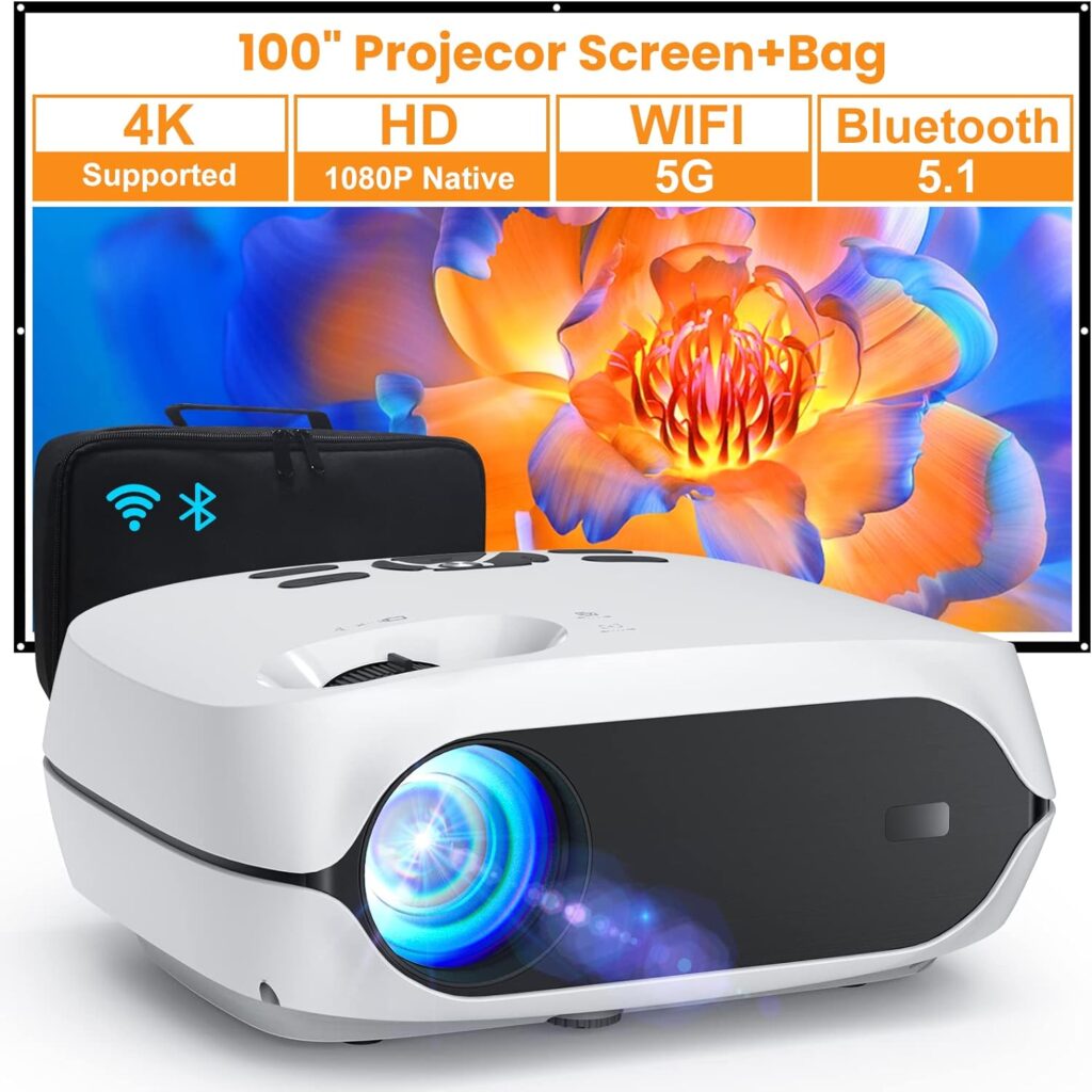 HAPPRUN Projector, 5G WiFi Bluetooth Projector, Native 1080P Portable Projector