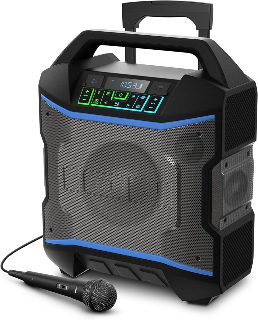 ION Audio Block Rocker - Portable Bluetooth Outdoor Party Speaker with Karaoke Microphone, Battery, 4 Speakers, Radio