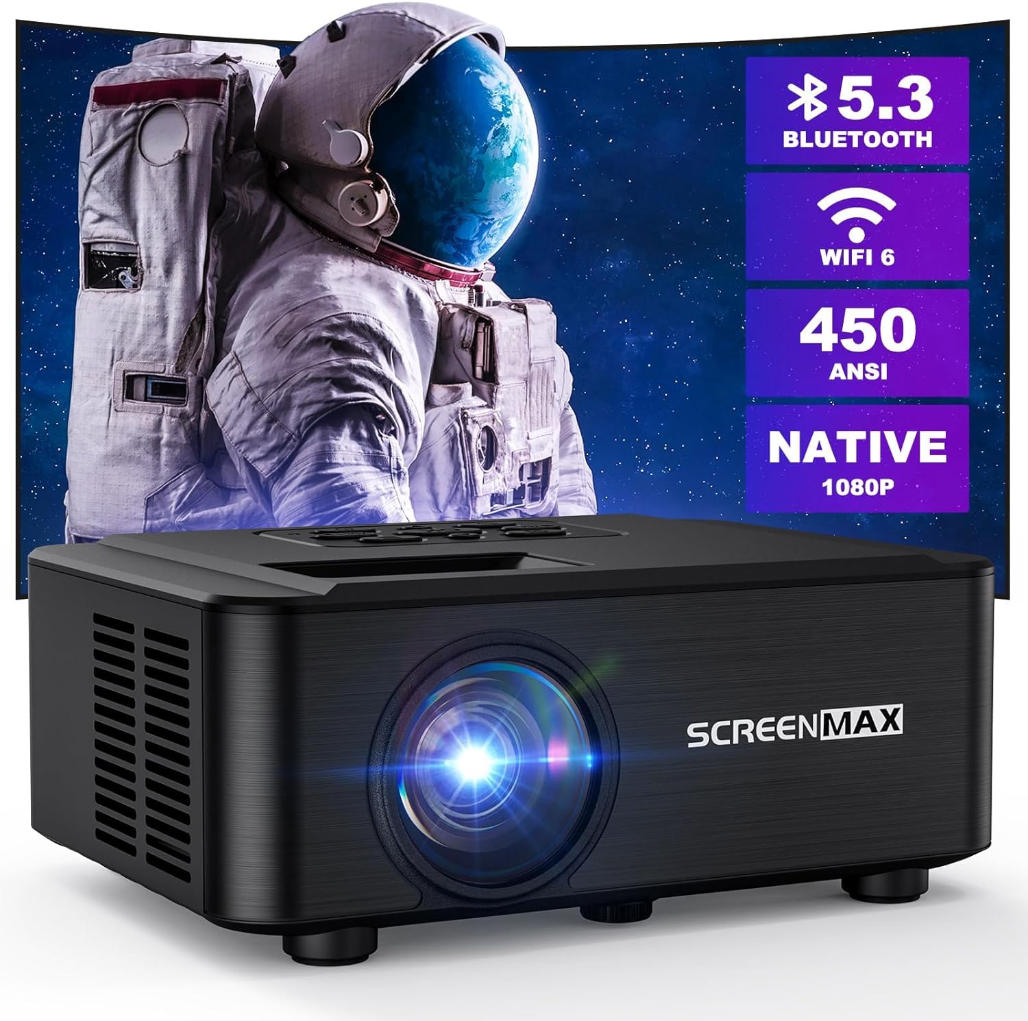 SCREENMAX Projector with WIFI and Bluetooth,Native 1080P Projector