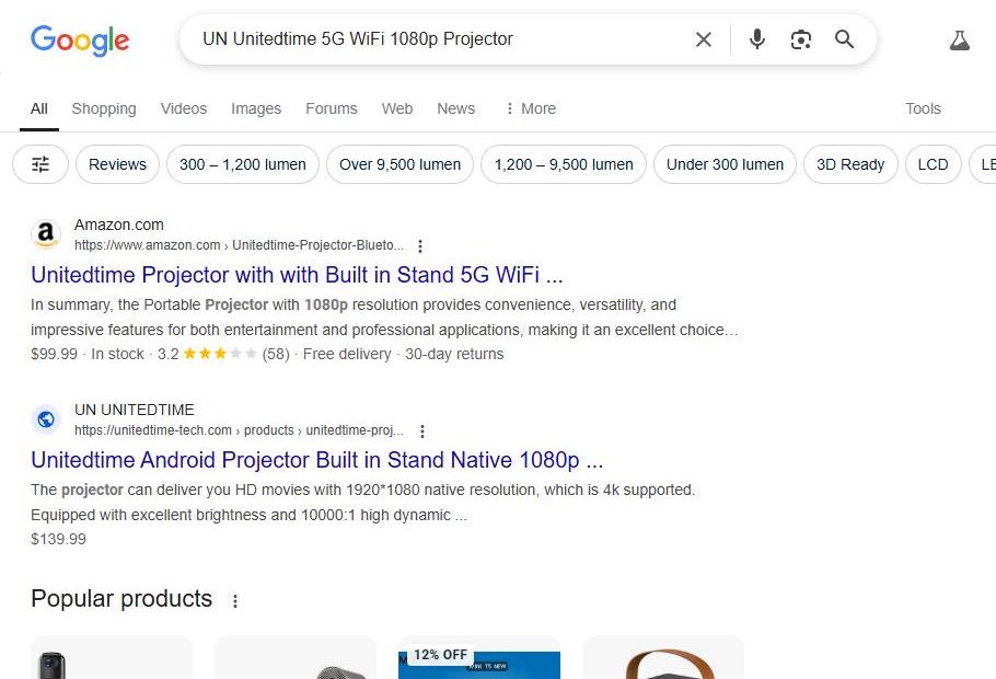 Google Search Results for UN Unitedtime 5G WiFi 1080p Projector