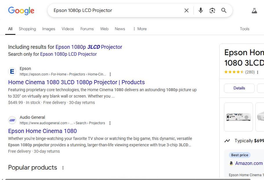 Google Search Results for Epson 1080p LCD Projector
