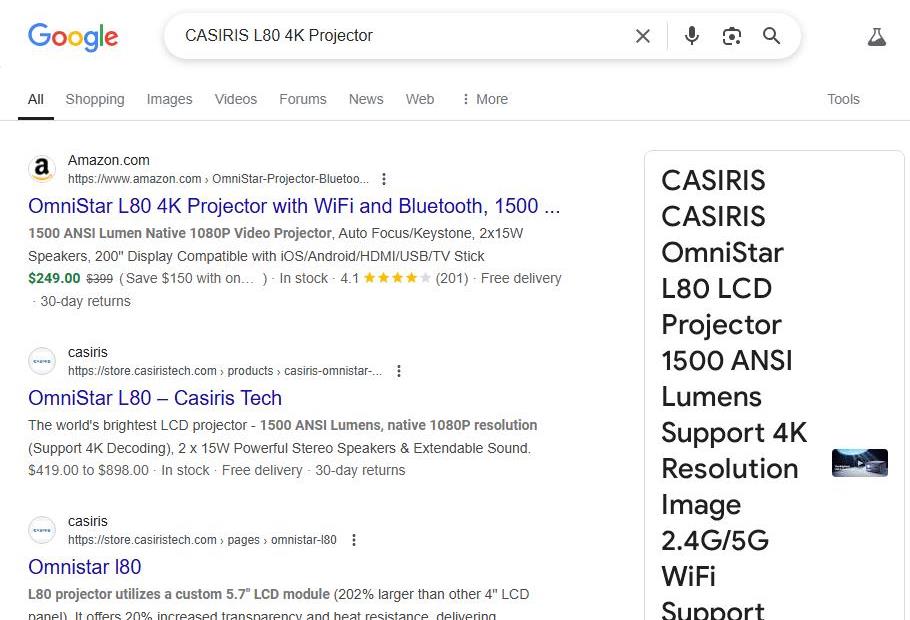 Google Search Results for CASIRIS L80 4K Projector
