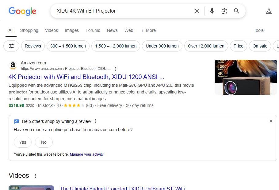 XIDU 4K WiFi BT Projector Listed on Amazon
