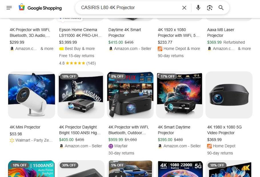Google Shopping Search Results for 4K Projectors