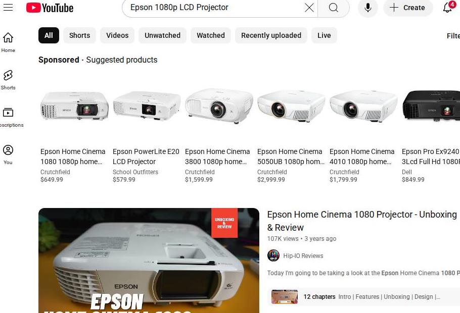 YouTube Shows Epson Projector Options and a Review