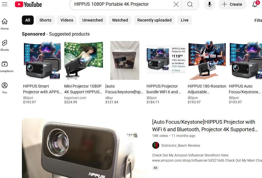 YouTube Displays Various HIPPOUS Projector Options