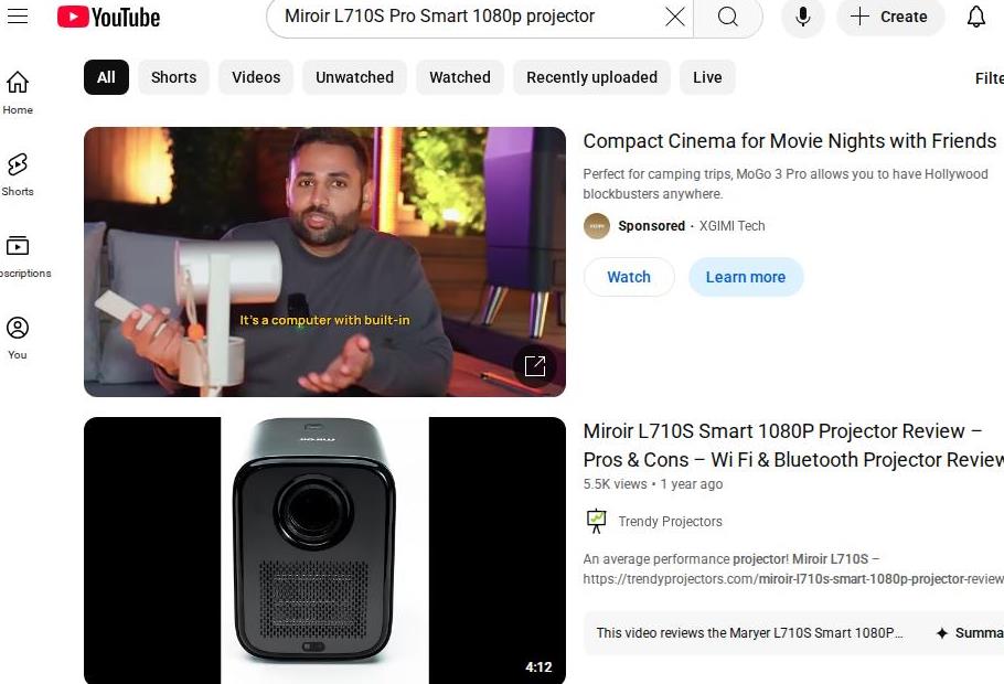 Miroir L710S Smart Projector Featured in YouTube Search Results