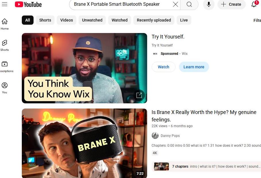 YouTube Homepage Features Wix and Brane X Speaker Videos